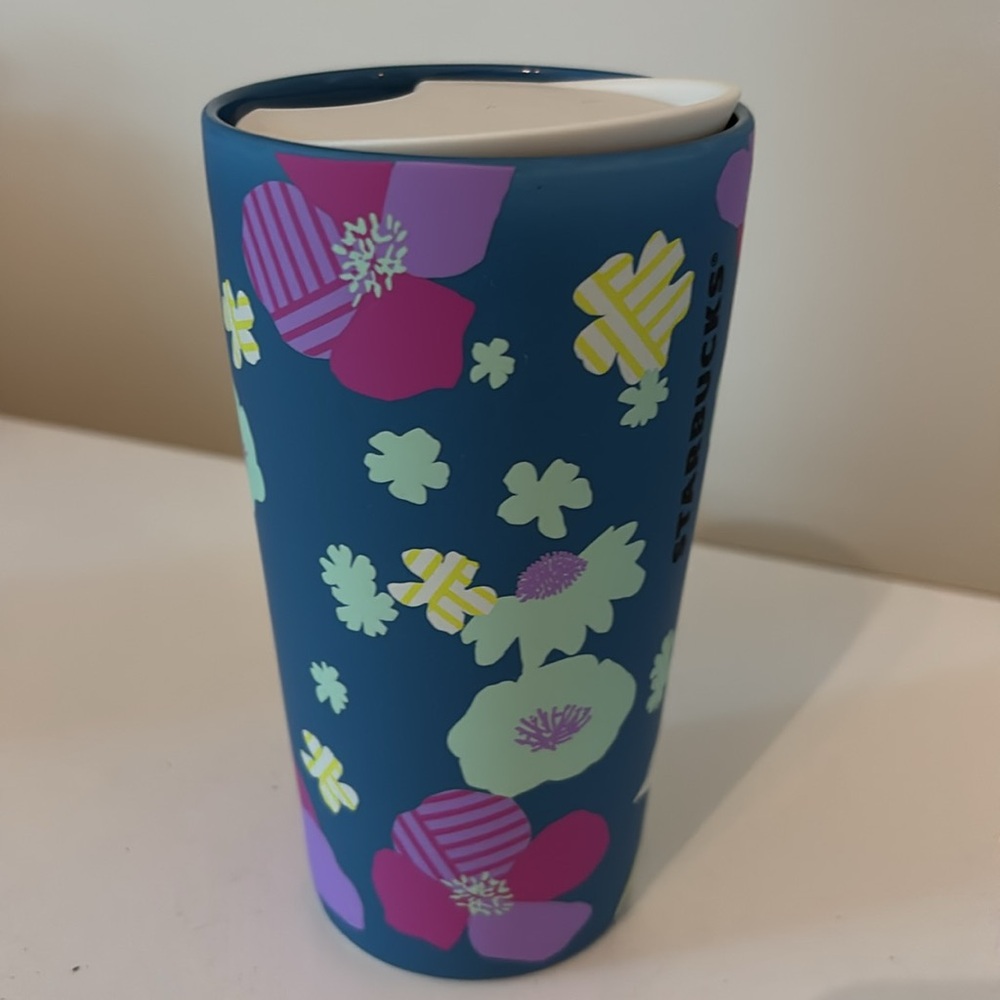 Starbucks 2022 Blue Spring Floral Matte Ceramic Tumbler 12oz with lid - Picture 5 of 10